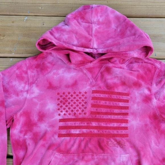 Polo Ralph Lauren Youth Girls Medium Pink Logo Hoodie Tie Dye Flag Patriotic - Picture 1 of 10